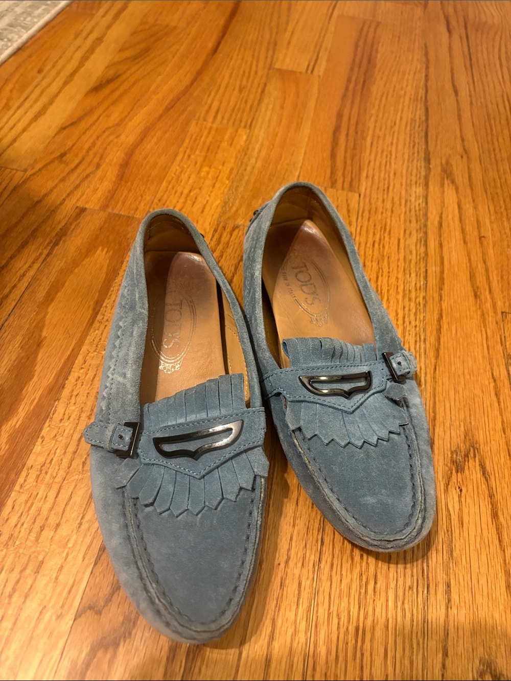 Tod's Slate Blue Suede Kiltie Loafers with Metal Bit
